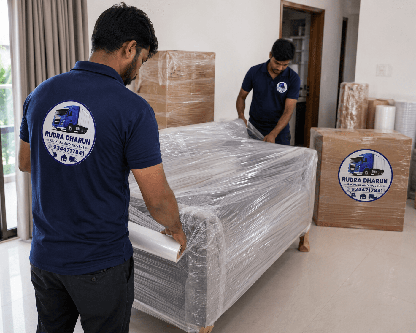 Moving team packing furniture